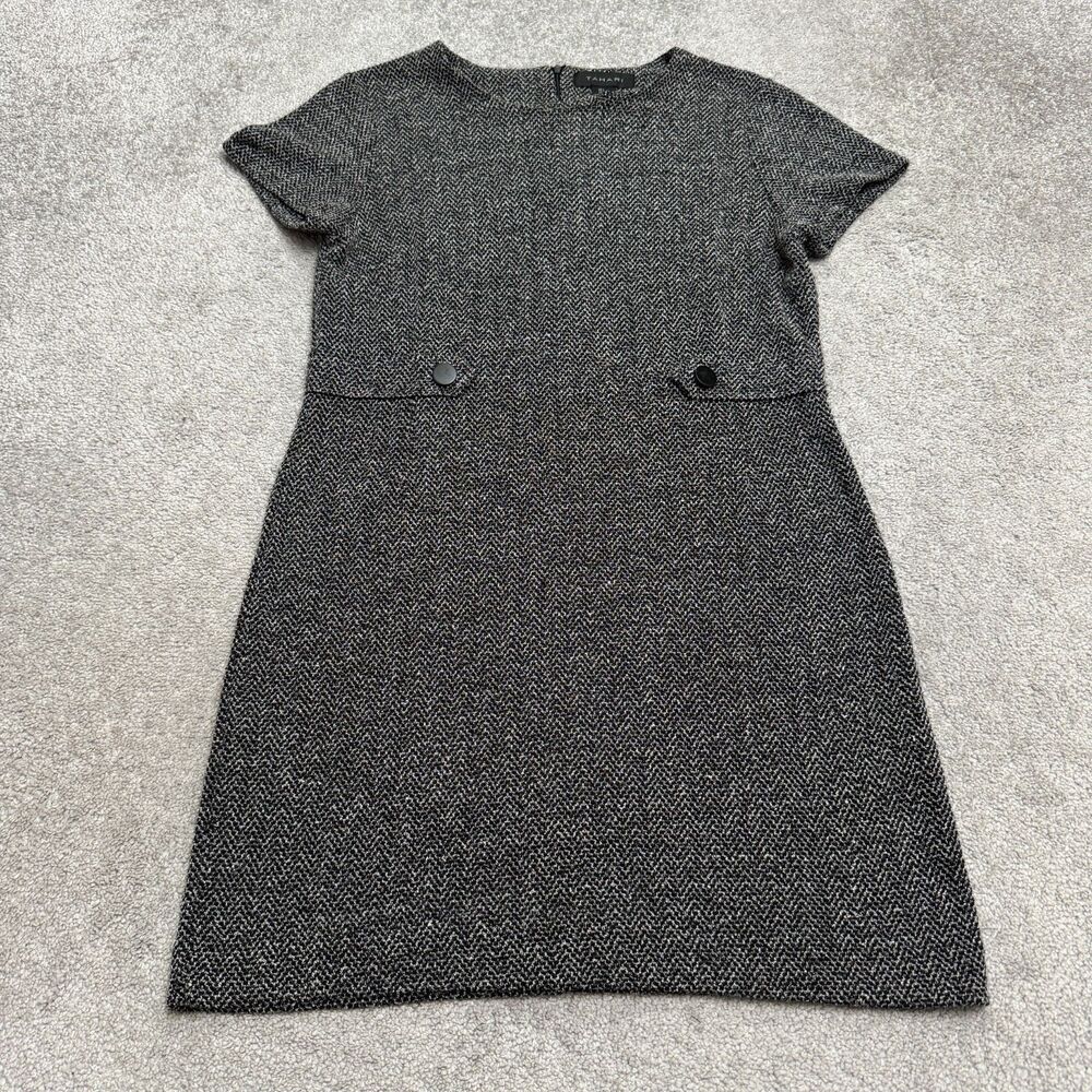 Tahari Textured Tweed Shift Mini Dress Womens L Black Gray Herringbone Pockets